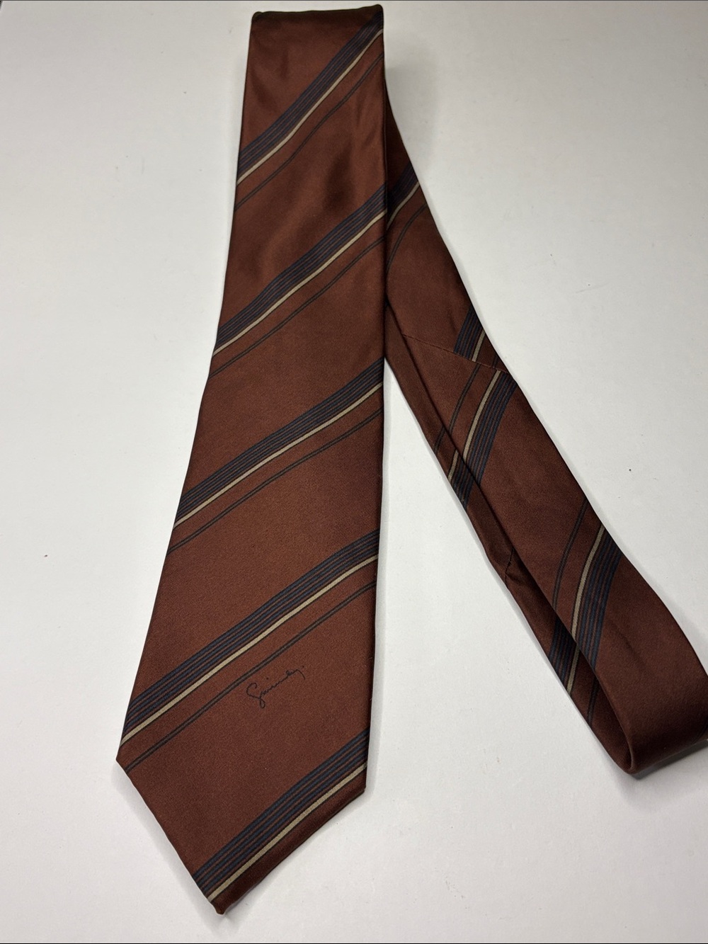 GIVENCHY Brown Striped Silk Tie with Navy and Tan Accents